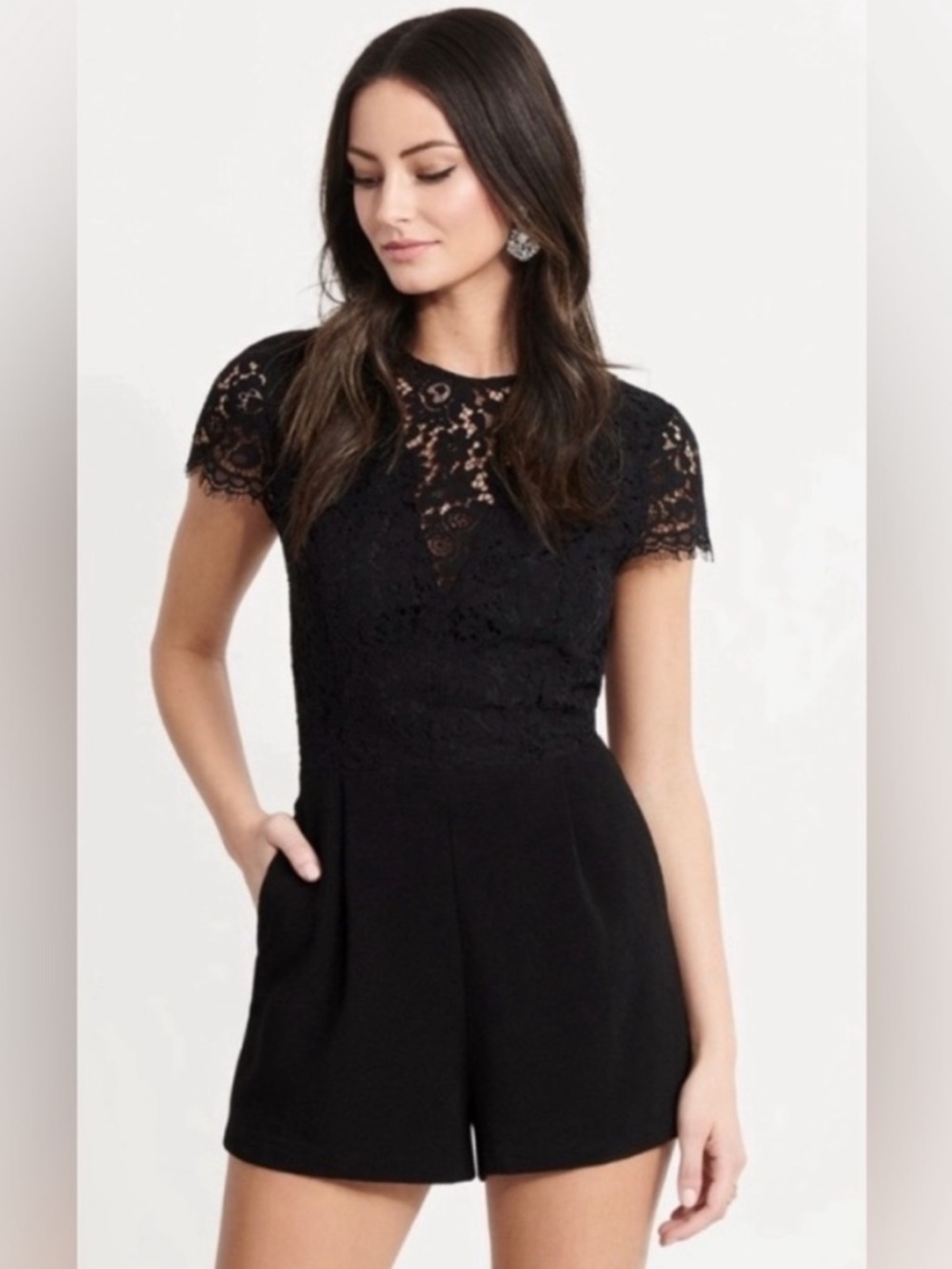 Dynamite Women's Black Lace Romper, Open Back with Pockets - Size M